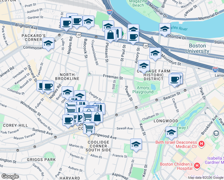 map of restaurants, bars, coffee shops, grocery stores, and more near 18 Still Street in Brookline