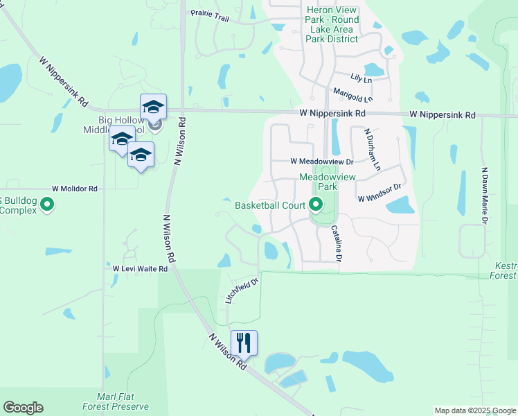 map of restaurants, bars, coffee shops, grocery stores, and more near 2224 West Waterford Court in Round Lake