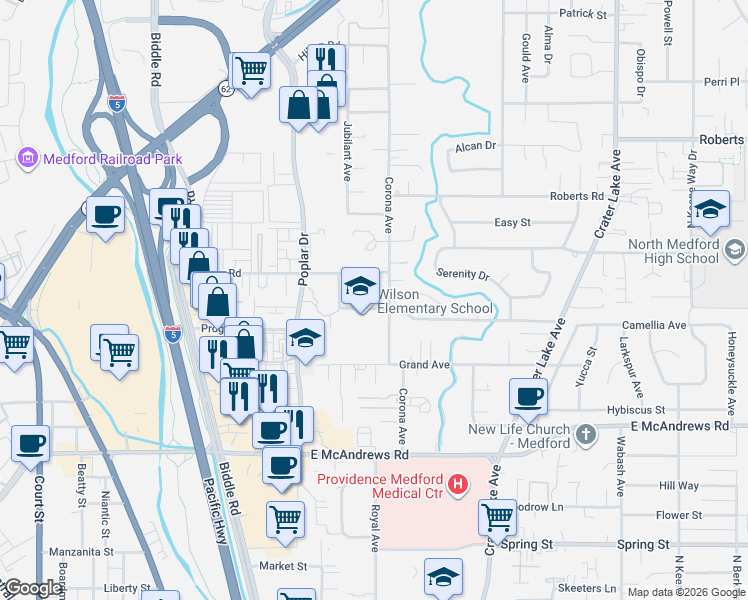 map of restaurants, bars, coffee shops, grocery stores, and more near 1446 Morrow Road in Medford