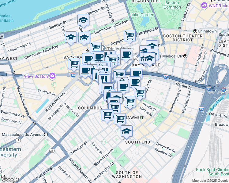 map of restaurants, bars, coffee shops, grocery stores, and more near 331 Columbus Avenue in Boston