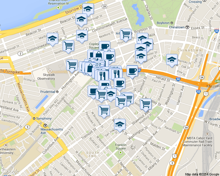 map of restaurants, bars, coffee shops, grocery stores, and more near in Boston