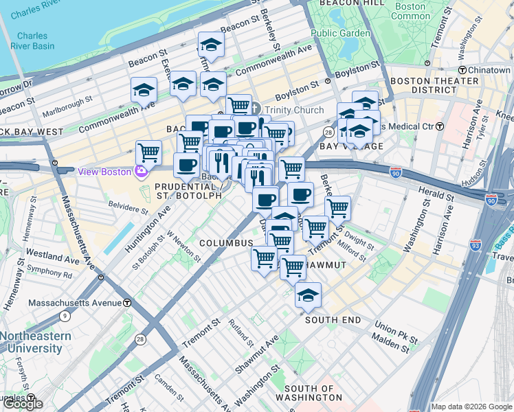 map of restaurants, bars, coffee shops, grocery stores, and more near 130 Dartmouth Street in Boston