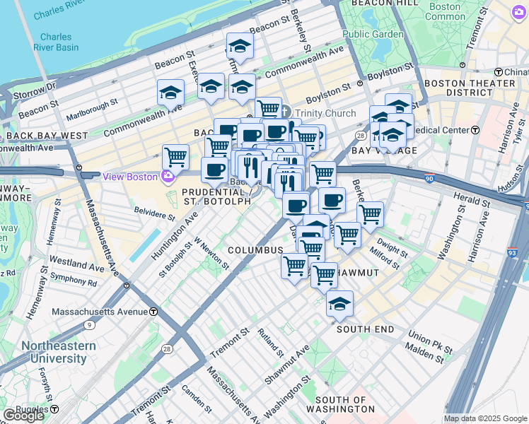 map of restaurants, bars, coffee shops, grocery stores, and more near 130 Dartmouth Street in Boston