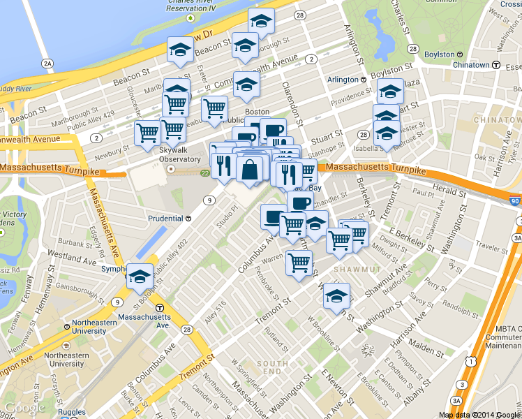 map of restaurants, bars, coffee shops, grocery stores, and more near 100 Huntington Avenue in Boston