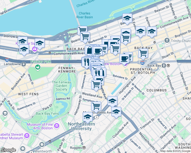 map of restaurants, bars, coffee shops, grocery stores, and more near 4 Haviland Street in Boston