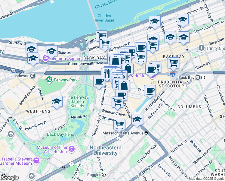 map of restaurants, bars, coffee shops, grocery stores, and more near 4 Haviland Street in Boston