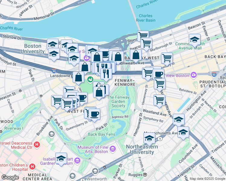map of restaurants, bars, coffee shops, grocery stores, and more near 1179 Boylston Street in Boston