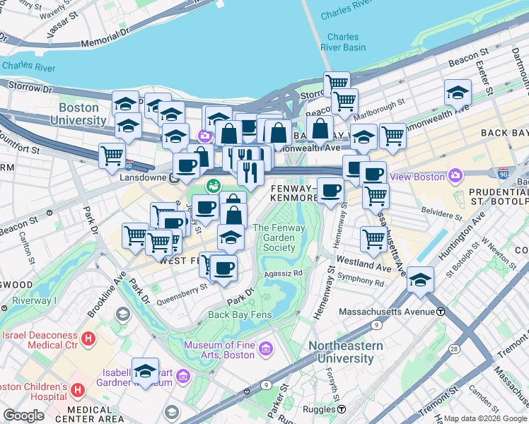 map of restaurants, bars, coffee shops, grocery stores, and more near 1179 Boylston Street in Boston