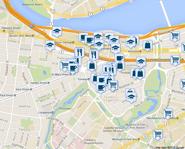 map of restaurants, bars, coffee shops, grocery stores, and more near 9 Miner Street in Boston