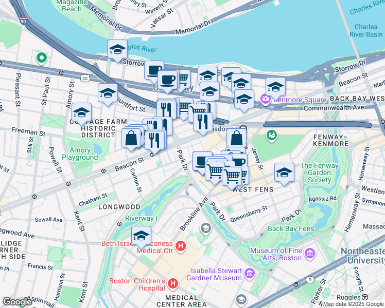map of restaurants, bars, coffee shops, grocery stores, and more near 880 Beacon Street in Boston