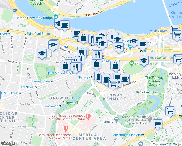 map of restaurants, bars, coffee shops, grocery stores, and more near 880 Beacon Street in Boston