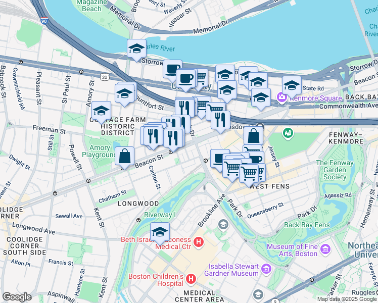 map of restaurants, bars, coffee shops, grocery stores, and more near 912 Beacon Street in Boston