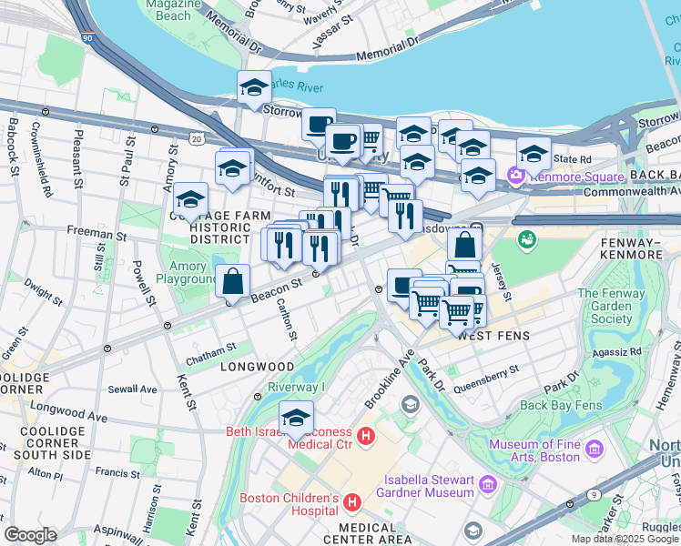 map of restaurants, bars, coffee shops, grocery stores, and more near 912 Beacon Street in Boston
