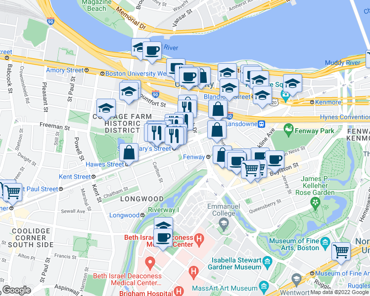 map of restaurants, bars, coffee shops, grocery stores, and more near 912 Beacon Street in Boston