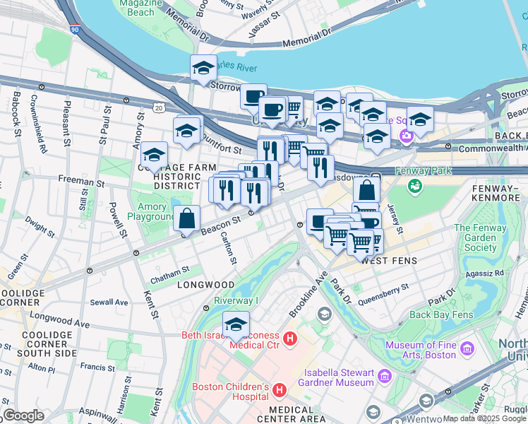 map of restaurants, bars, coffee shops, grocery stores, and more near 912 Beacon Street in Boston