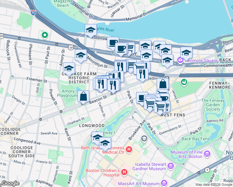 map of restaurants, bars, coffee shops, grocery stores, and more near 912 Beacon Street in Boston