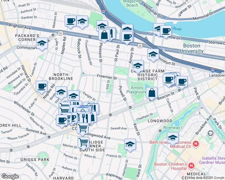 map of restaurants, bars, coffee shops, grocery stores, and more near in Brookline