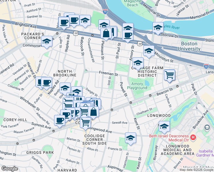 map of restaurants, bars, coffee shops, grocery stores, and more near 18 Still Street in Brookline