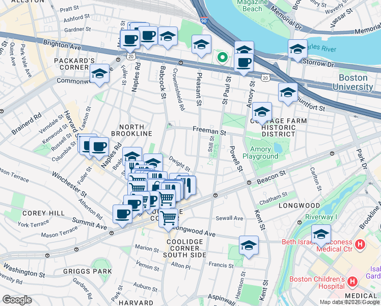map of restaurants, bars, coffee shops, grocery stores, and more near 107 Browne Street in Brookline
