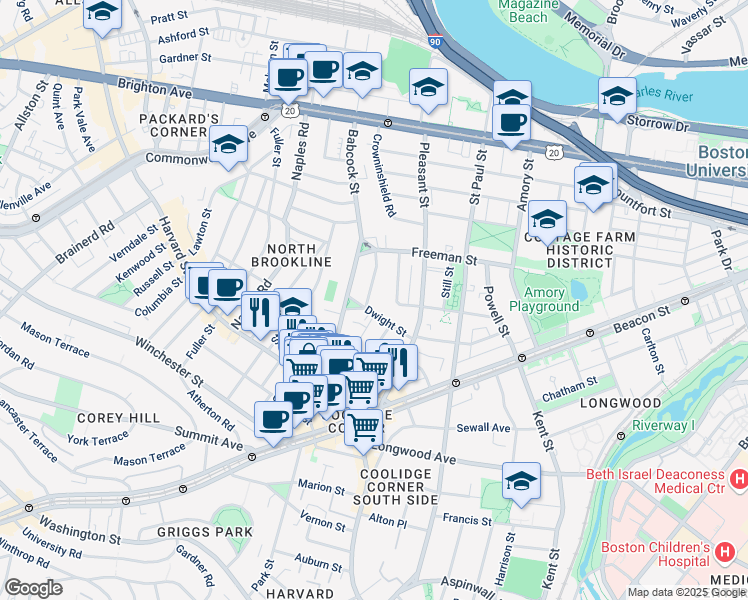 map of restaurants, bars, coffee shops, grocery stores, and more near 99 Babcock Street in Brookline