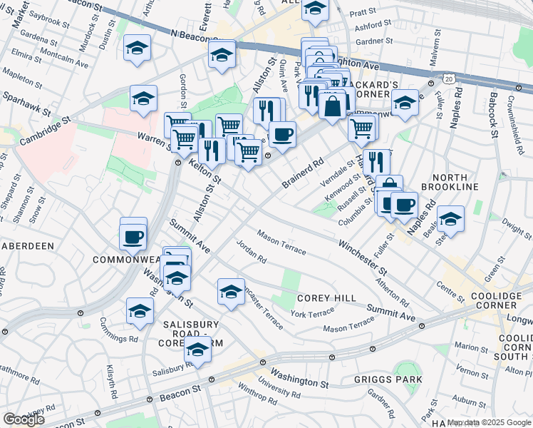 map of restaurants, bars, coffee shops, grocery stores, and more near in Boston