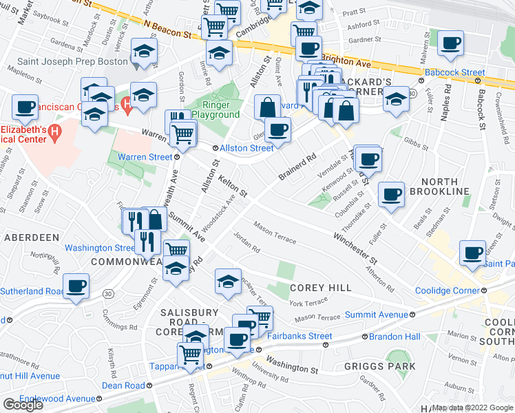 map of restaurants, bars, coffee shops, grocery stores, and more near 239 Kelton Street in Boston