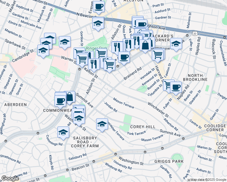 map of restaurants, bars, coffee shops, grocery stores, and more near 239 Kelton Street in Boston
