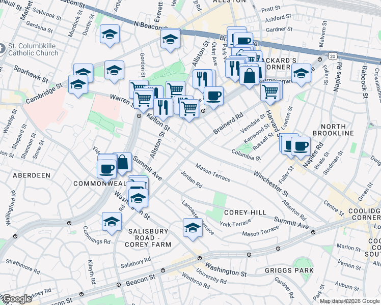 map of restaurants, bars, coffee shops, grocery stores, and more near 239 Kelton Street in Boston