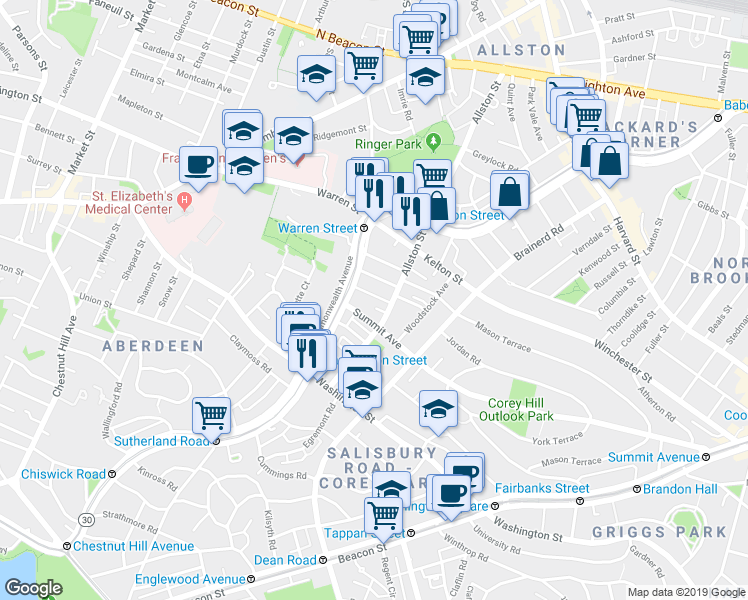 map of restaurants, bars, coffee shops, grocery stores, and more near 4 Commonwealth Court in Boston