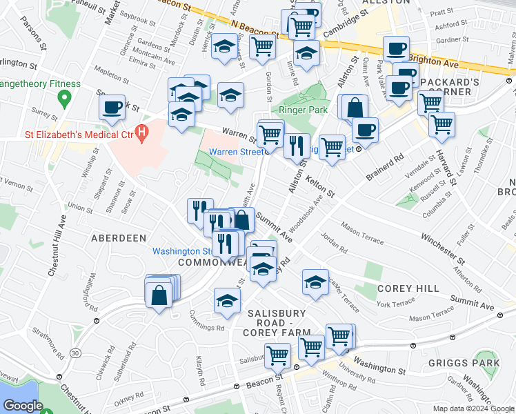 map of restaurants, bars, coffee shops, grocery stores, and more near 1486 Commonwealth Avenue in Boston