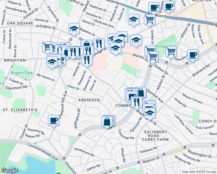 map of restaurants, bars, coffee shops, grocery stores, and more near 155 Washington Street in Boston