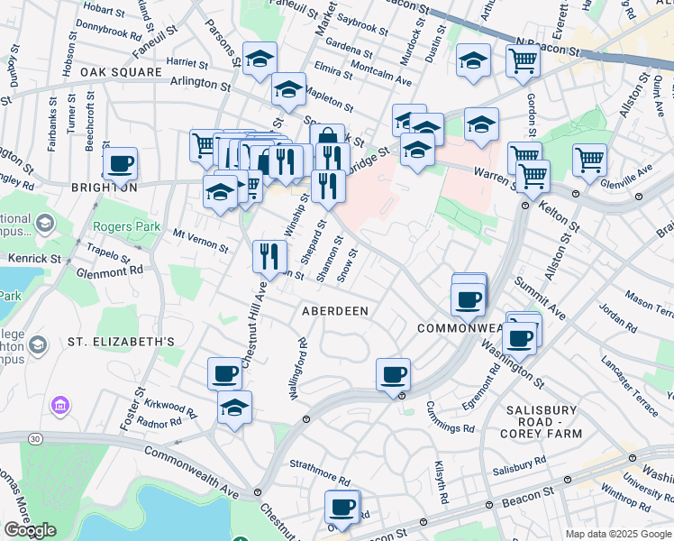map of restaurants, bars, coffee shops, grocery stores, and more near 30 Shannon Street in Boston