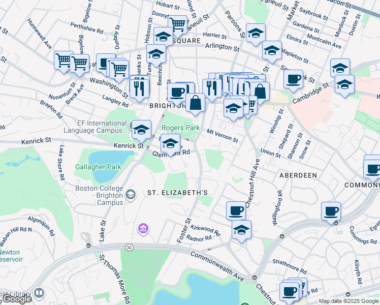 map of restaurants, bars, coffee shops, grocery stores, and more near 65 Rogers Park Avenue in Boston