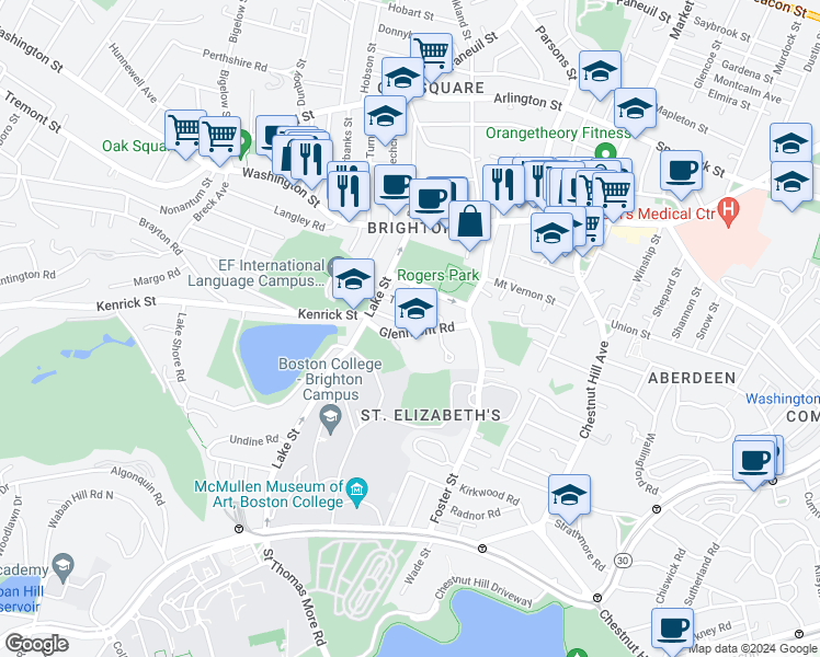 map of restaurants, bars, coffee shops, grocery stores, and more near 35 Trapelo Street in Boston