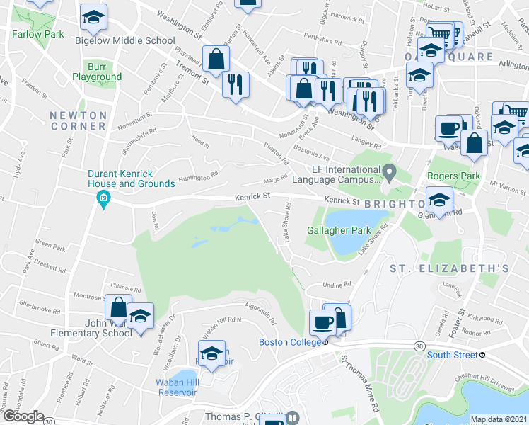 map of restaurants, bars, coffee shops, grocery stores, and more near 23 Lake Shore Court in Boston
