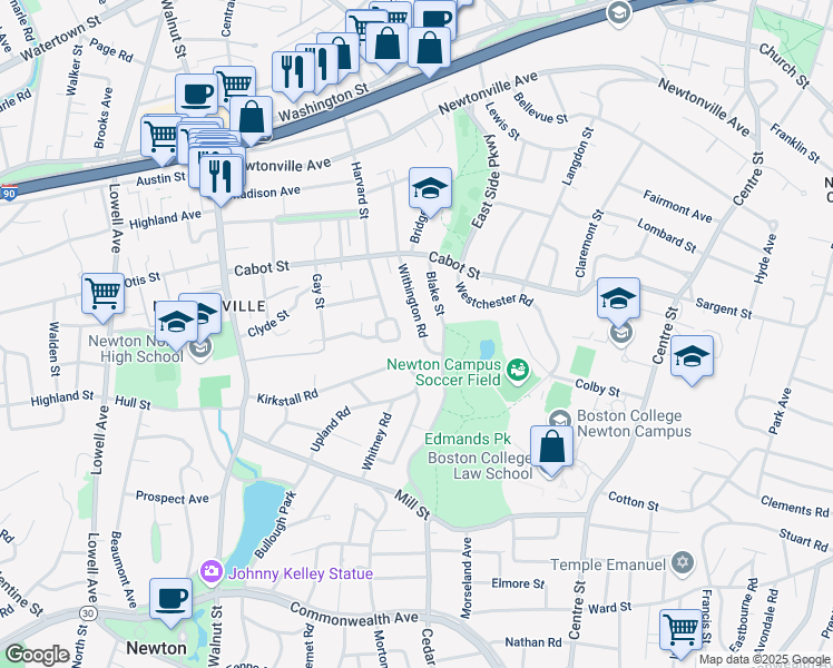 map of restaurants, bars, coffee shops, grocery stores, and more near 110 Withington Road in Newton