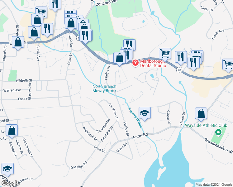 map of restaurants, bars, coffee shops, grocery stores, and more near 91 Phelps Street in Marlborough
