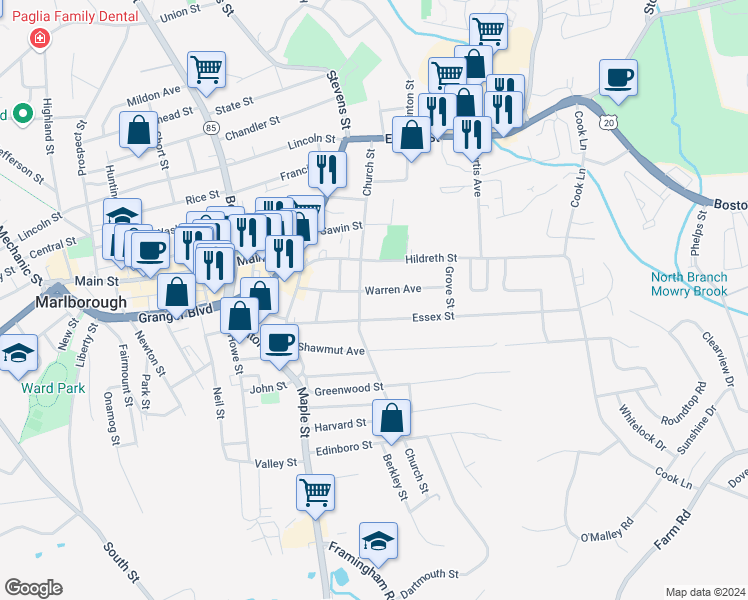 map of restaurants, bars, coffee shops, grocery stores, and more near 80 Warren Avenue in Marlborough