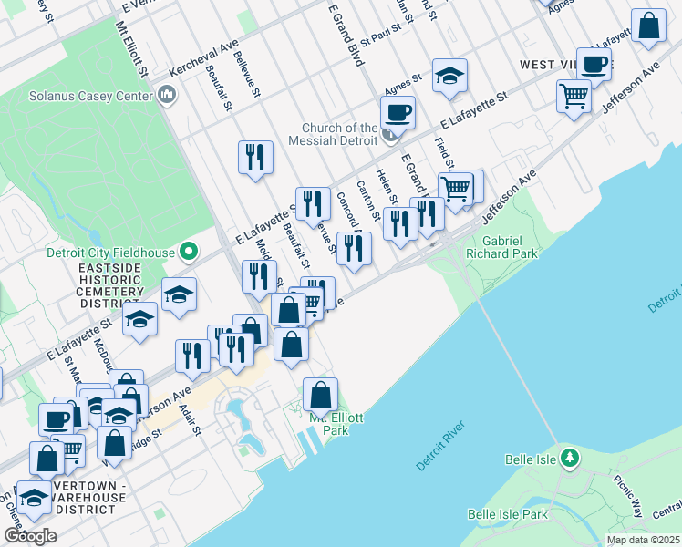 map of restaurants, bars, coffee shops, grocery stores, and more near 484 Bellevue Street in Detroit