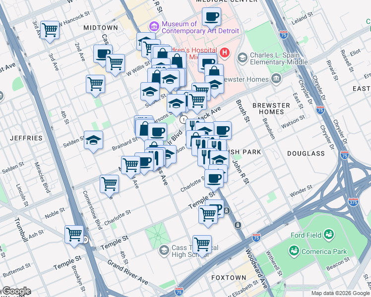 map of restaurants, bars, coffee shops, grocery stores, and more near 3501 Woodward Avenue in Detroit