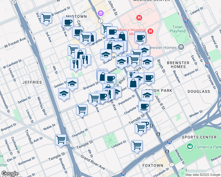 map of restaurants, bars, coffee shops, grocery stores, and more near in Detroit