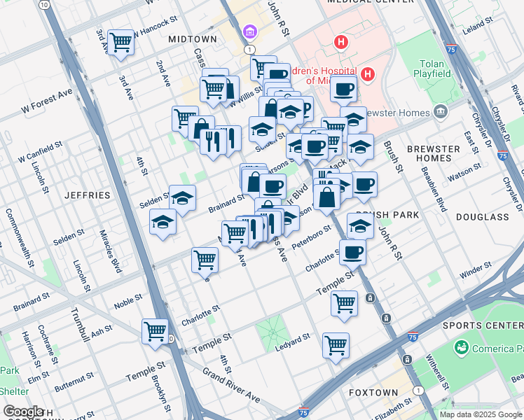 map of restaurants, bars, coffee shops, grocery stores, and more near in Detroit