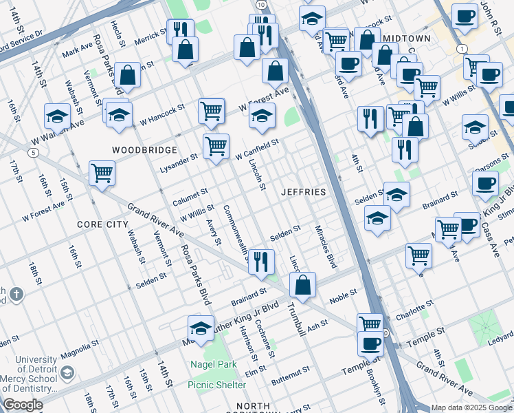 map of restaurants, bars, coffee shops, grocery stores, and more near 4147 Lincoln Street in Detroit
