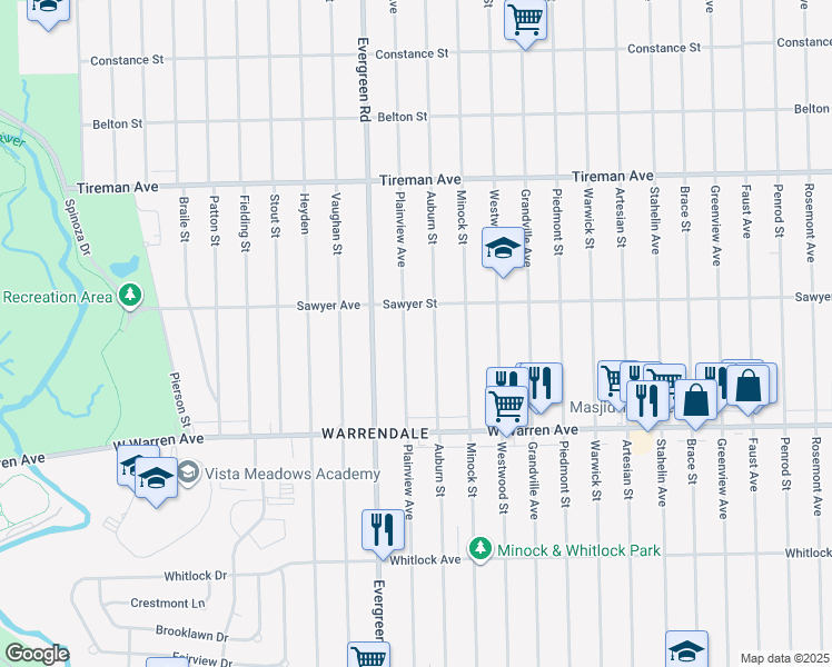 map of restaurants, bars, coffee shops, grocery stores, and more near 19623 Sawyer Street in Detroit