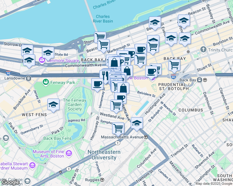 map of restaurants, bars, coffee shops, grocery stores, and more near 4 Haviland Street in Boston