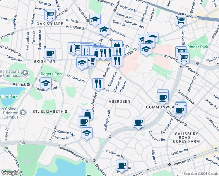 map of restaurants, bars, coffee shops, grocery stores, and more near 39 Shepard Street in Boston