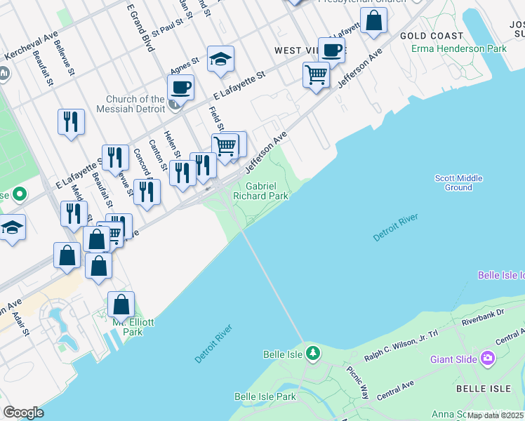 map of restaurants, bars, coffee shops, grocery stores, and more near Detroit RiverWalk in Detroit