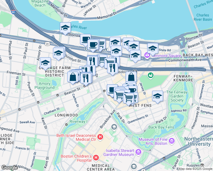 map of restaurants, bars, coffee shops, grocery stores, and more near 880 Beacon Street in Boston