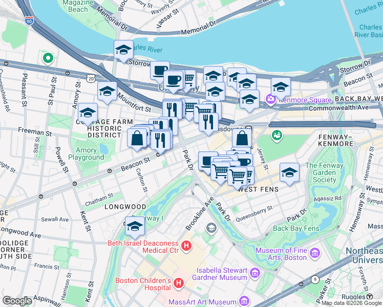 map of restaurants, bars, coffee shops, grocery stores, and more near 880 Beacon Street in Boston