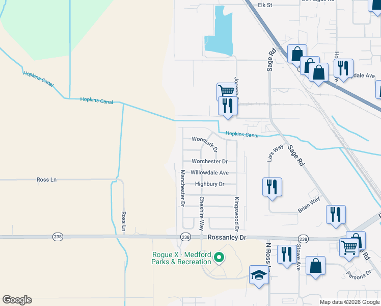 map of restaurants, bars, coffee shops, grocery stores, and more near 1040 Compton Way in Medford